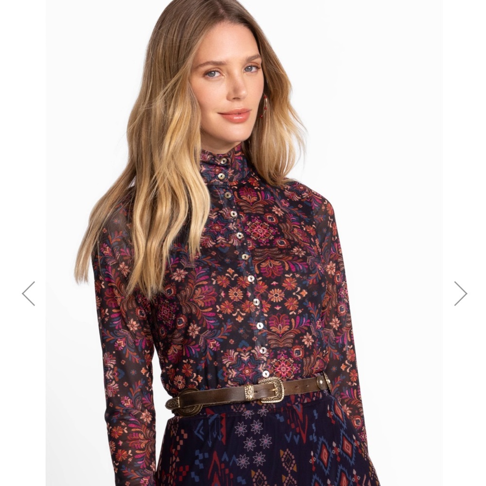 Johnny Was Mesh Button up Mock Neck